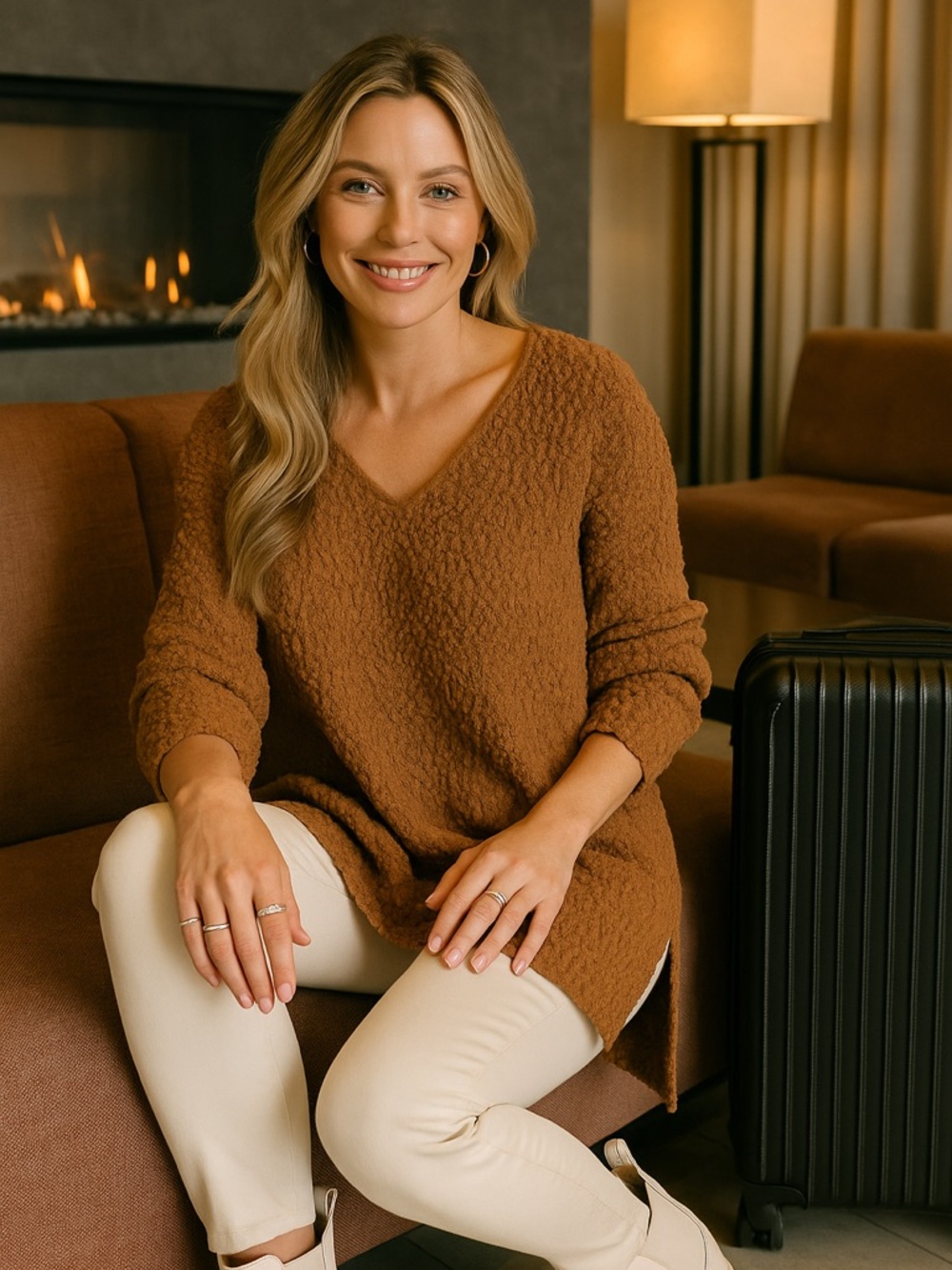 NWT Cozy V-Neck Popcorn Knit Tunic Sweater in Caramel